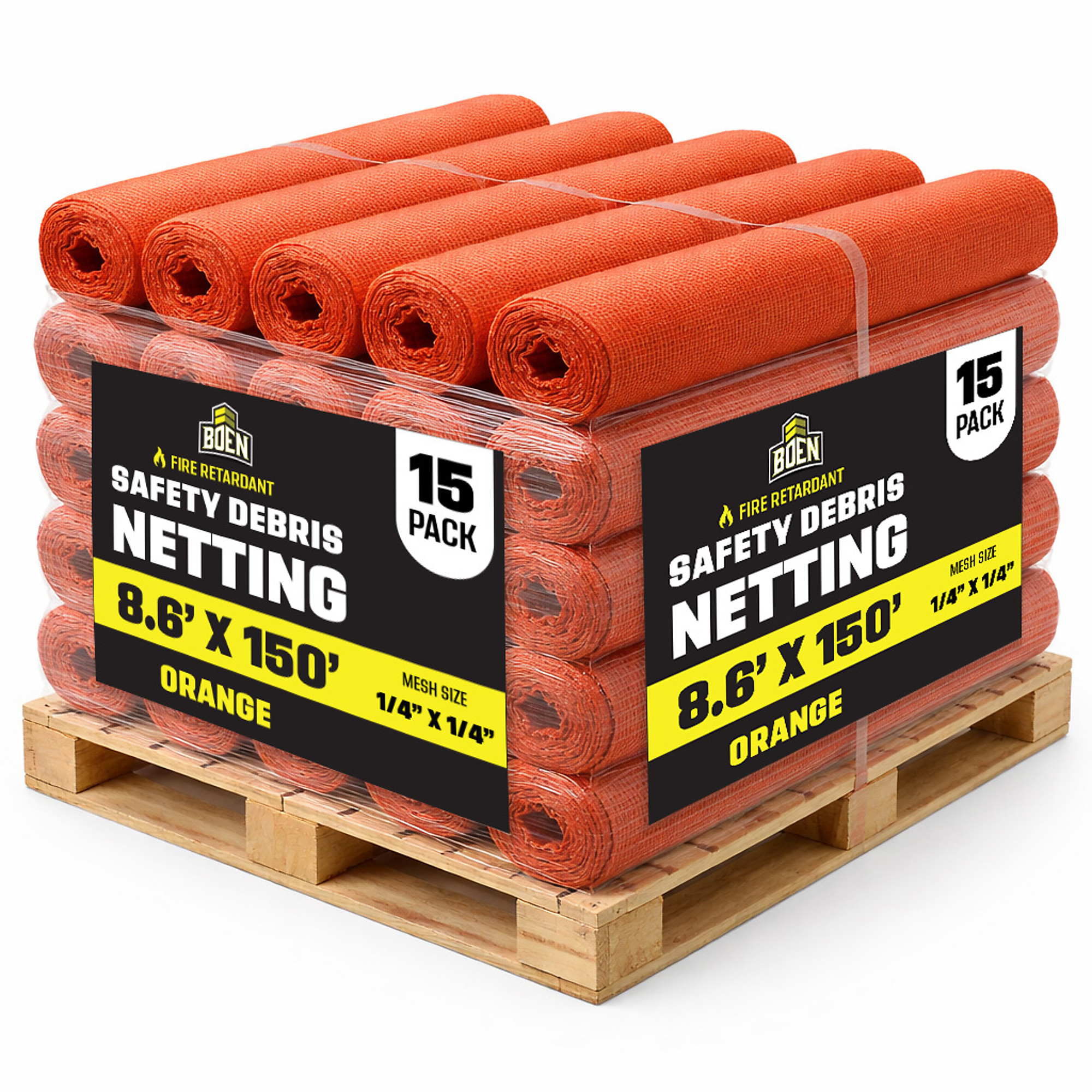 Boen Orange Safety Debris Netting, 8.6 ft x 150 ft, 1/14" Mesh, 15-Pack, Fire Retardant, UV Treated for Scaffolding, Dust Control, Construction Barrier Fencing, Wind Block, and Site Protection